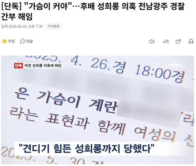 [단독] "가슴이 커야"…후배 성희롱 의혹 전남광주 경찰 간부 해임