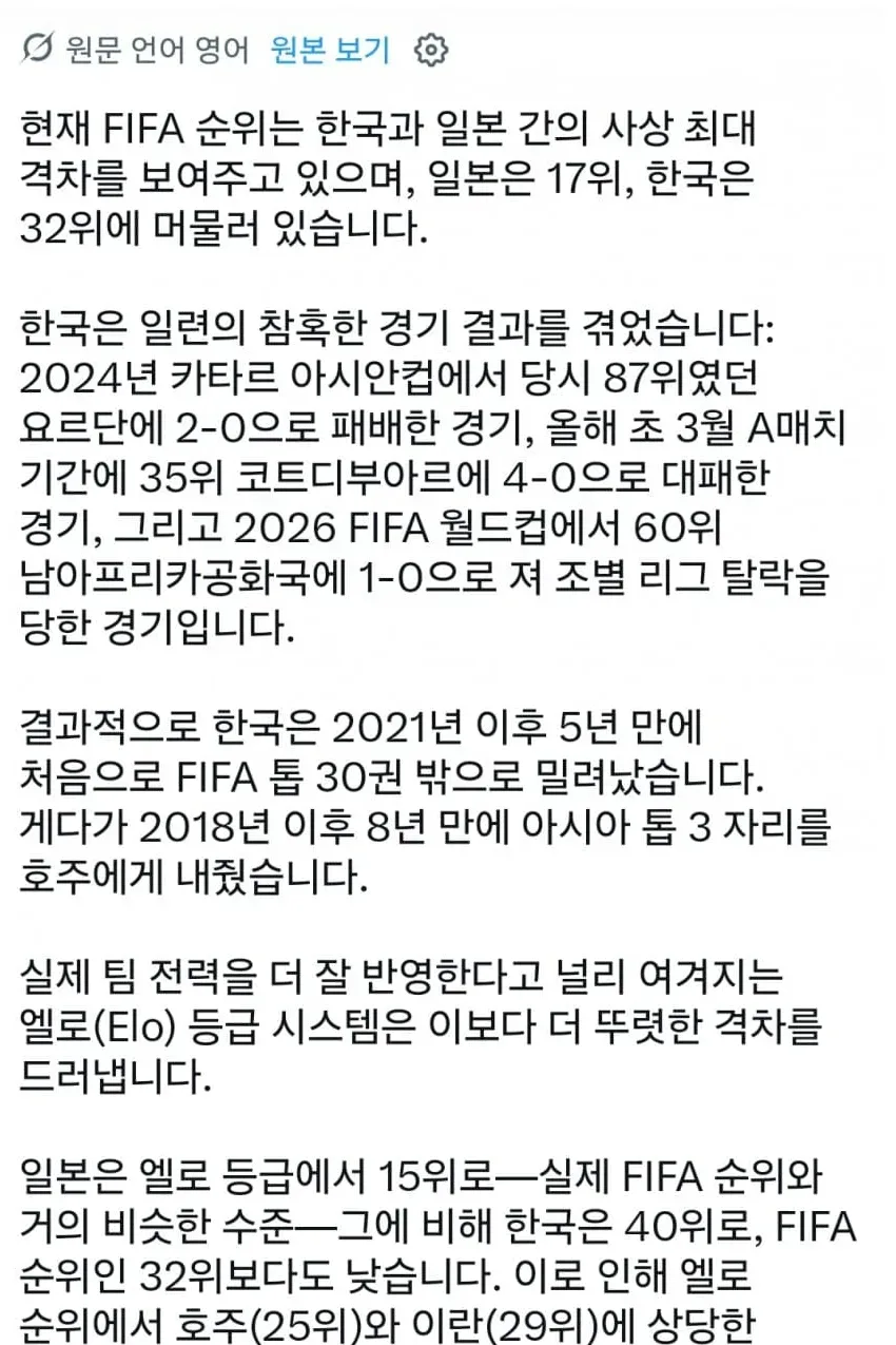 현재 역대급으로 벌어졌다는 한일 피파랭킹 근황.jpg