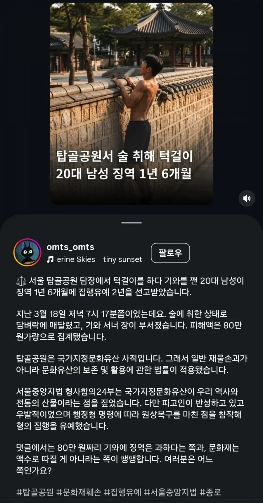 탑골공원에서 턱걸이하다 기와 뿌숴서 집유2년